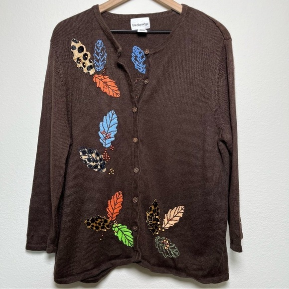 breckenridge Sweaters - Breckenridge Women Cardigan‎ Sweater XL Chocolate Brown Fall Leaves Artsy